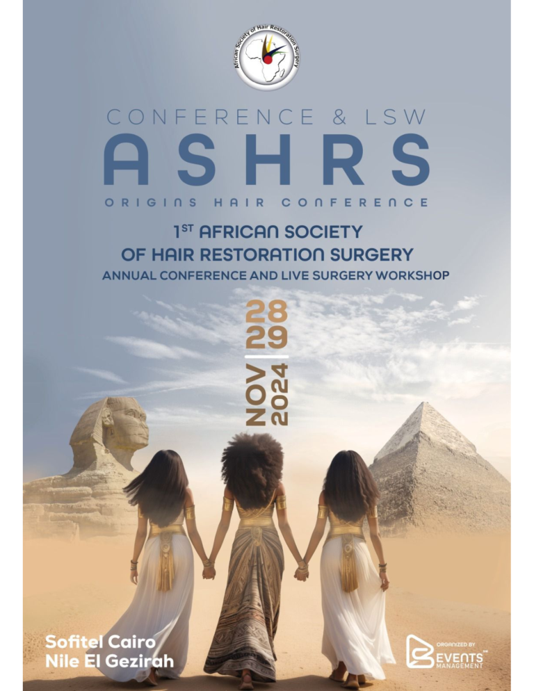 Poster for ASHRS Origins Hair Conference featuring diverse experts discussing latest advancements in hair restoration technologies.